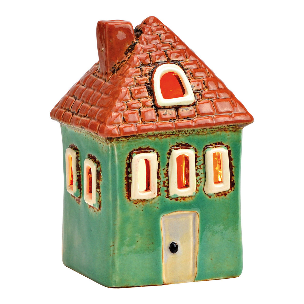 Casa portavelas de loza verde con tejado rojo