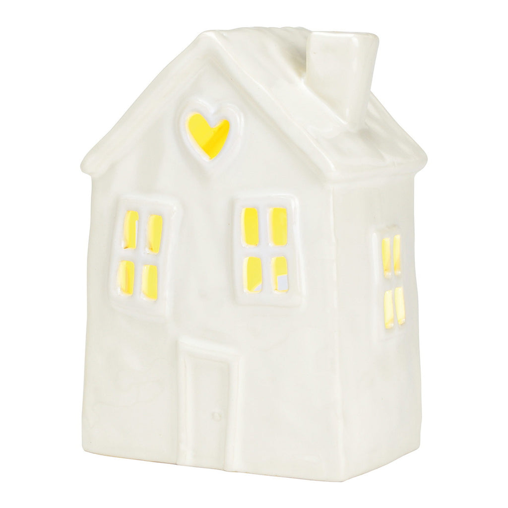 Casa portavelas blanca de loza con corazón
