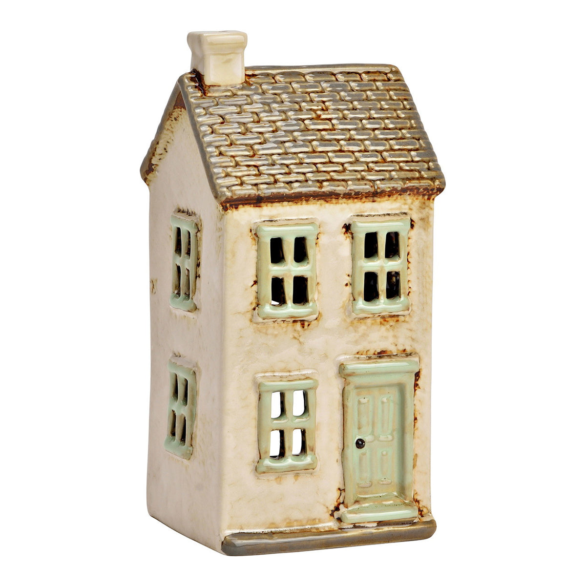 Casa portavelas beige con detalles verde agua