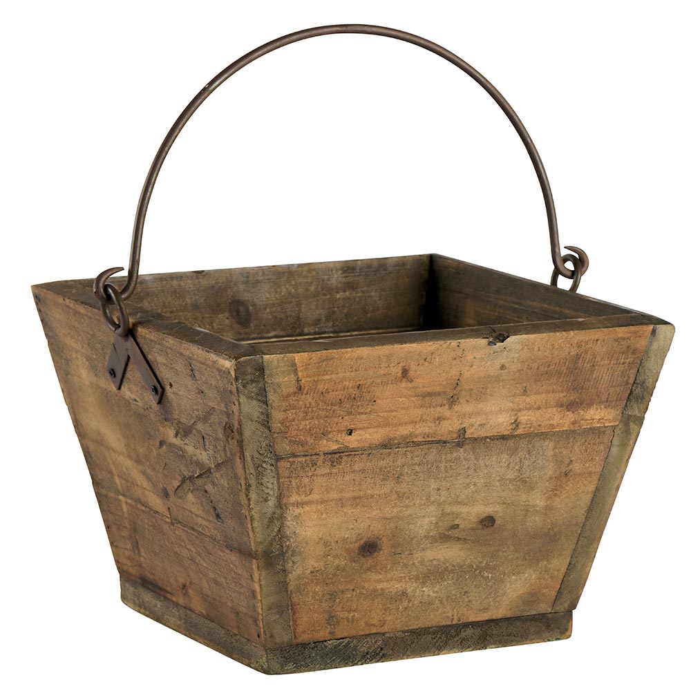 Cesta trapezoidal de madera rústica con asa de metal