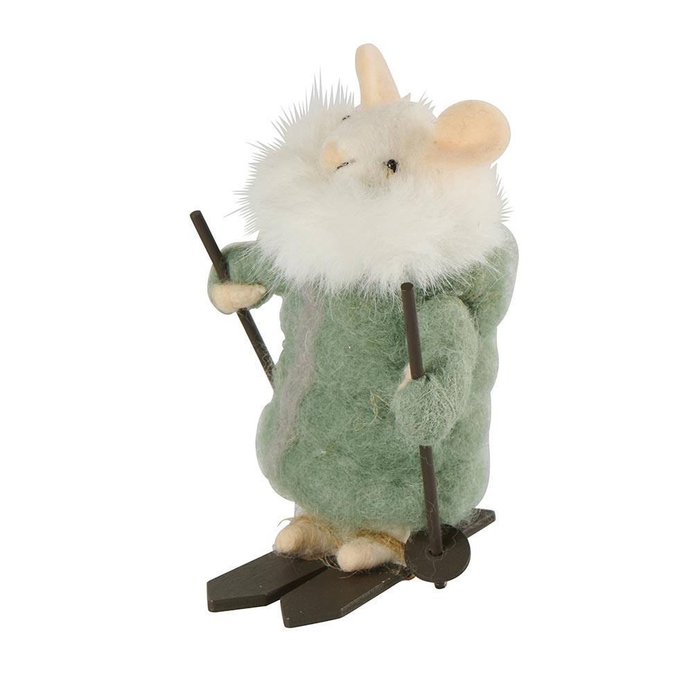 Ratoncita esquiadora blanca con abrigo verde