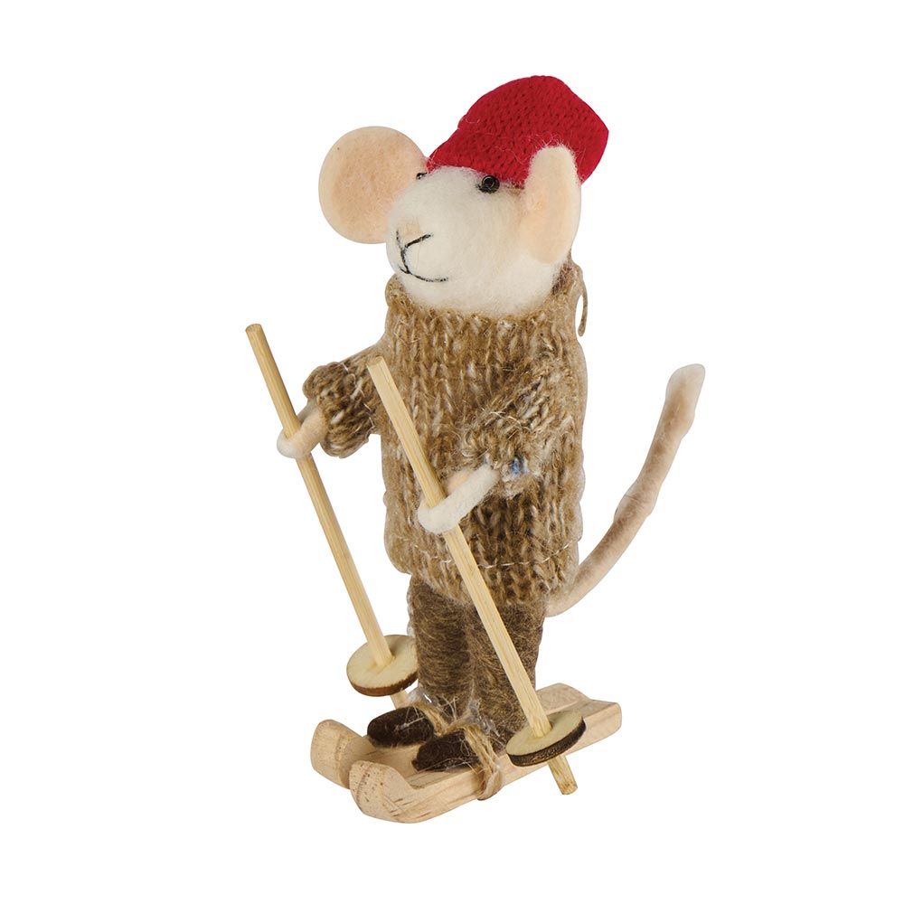 Ratón esquiador blanco con jersey marrón