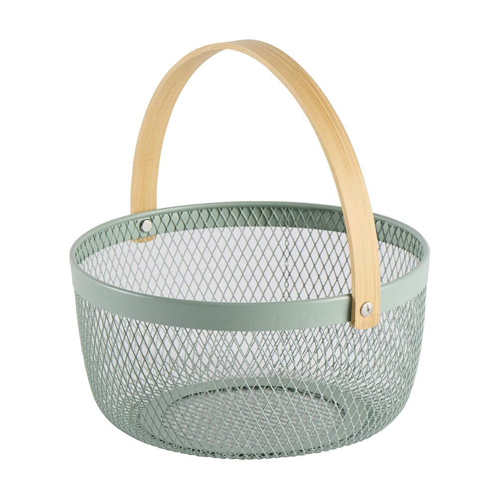 Cesta redonda de metal verde con asa de bambú