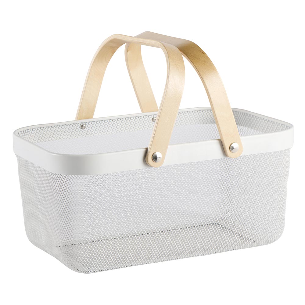 Cesta rectangular de metal blanco con asas de madera