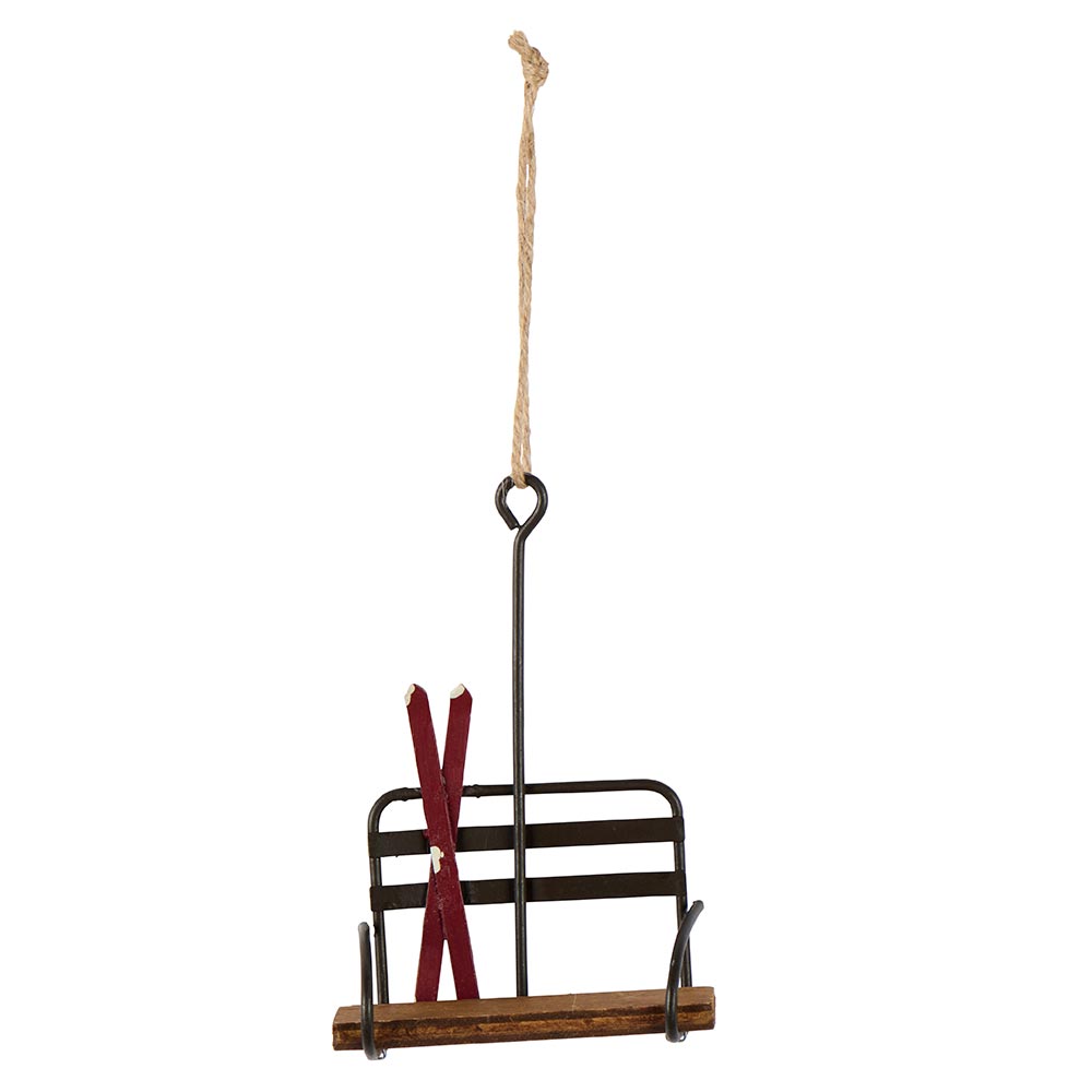 Telesilla decorativa con esquís rojos para colgar