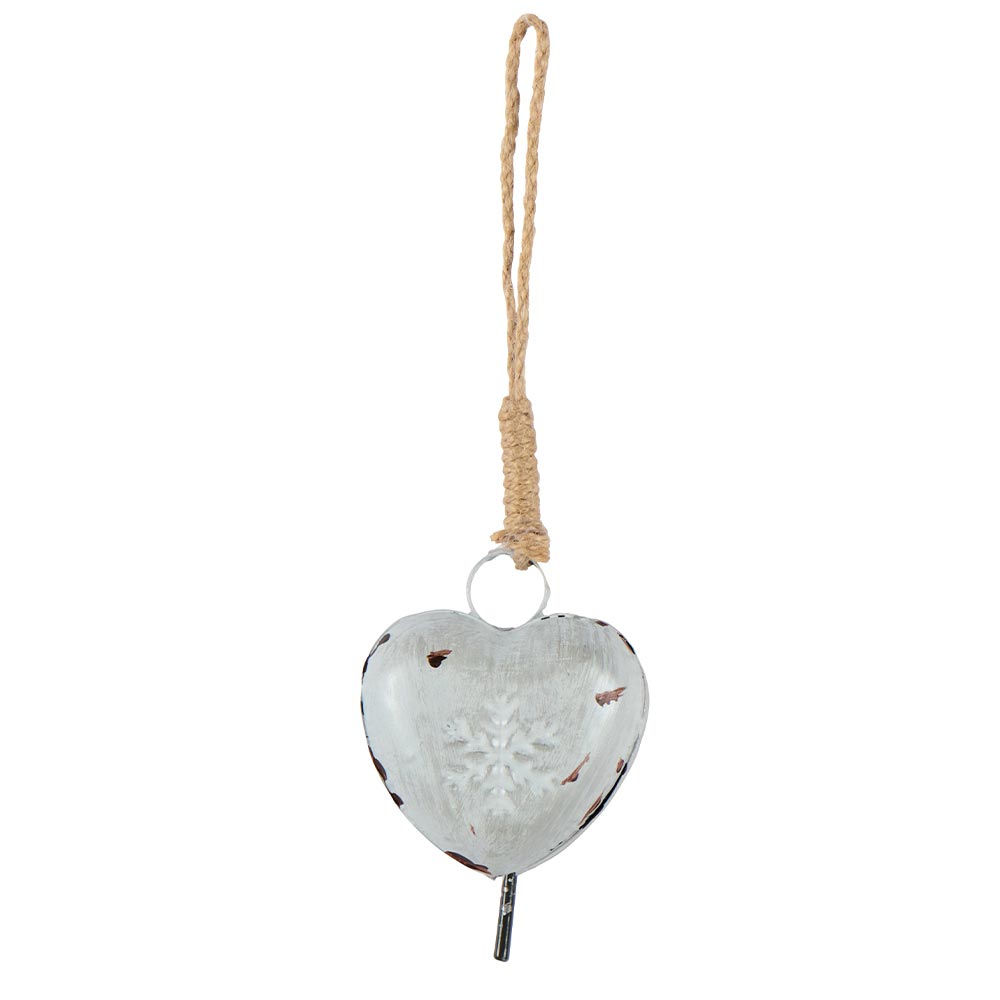 Campana corazón blanca de metal con copo de nieve