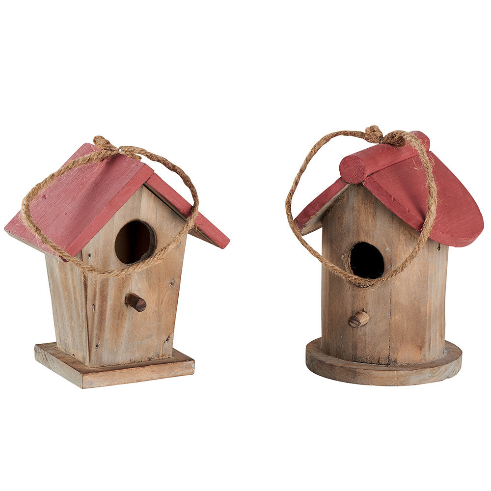 Set de 2 casitas para pájaros de madera con techo rojo