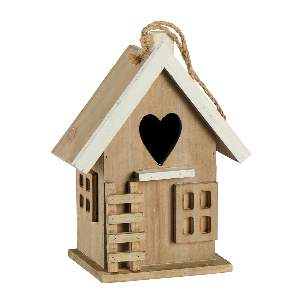 Casita para pájaros de madera con techo blanco