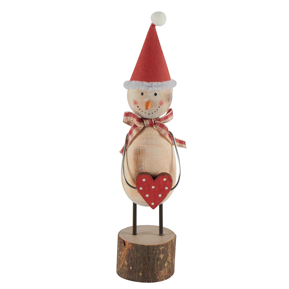 Muñeco de nieve de madera con corazón rojo