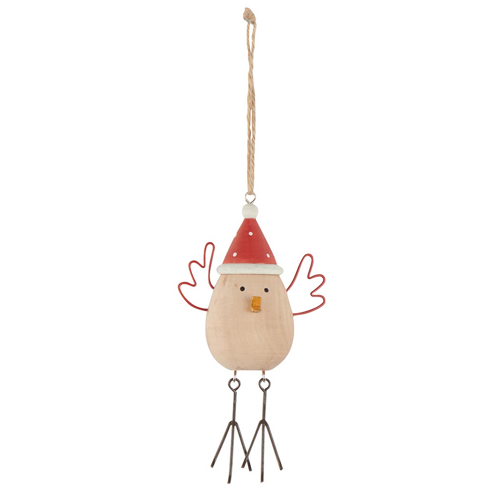 Pájaro navideño de madera con gorro rojo para colgar