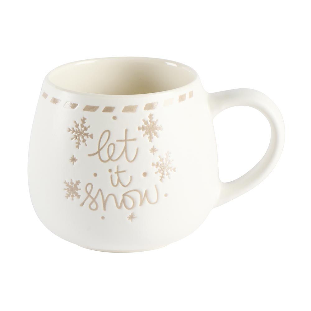 Taza blanca “Let’s Snow” con copos de nieve