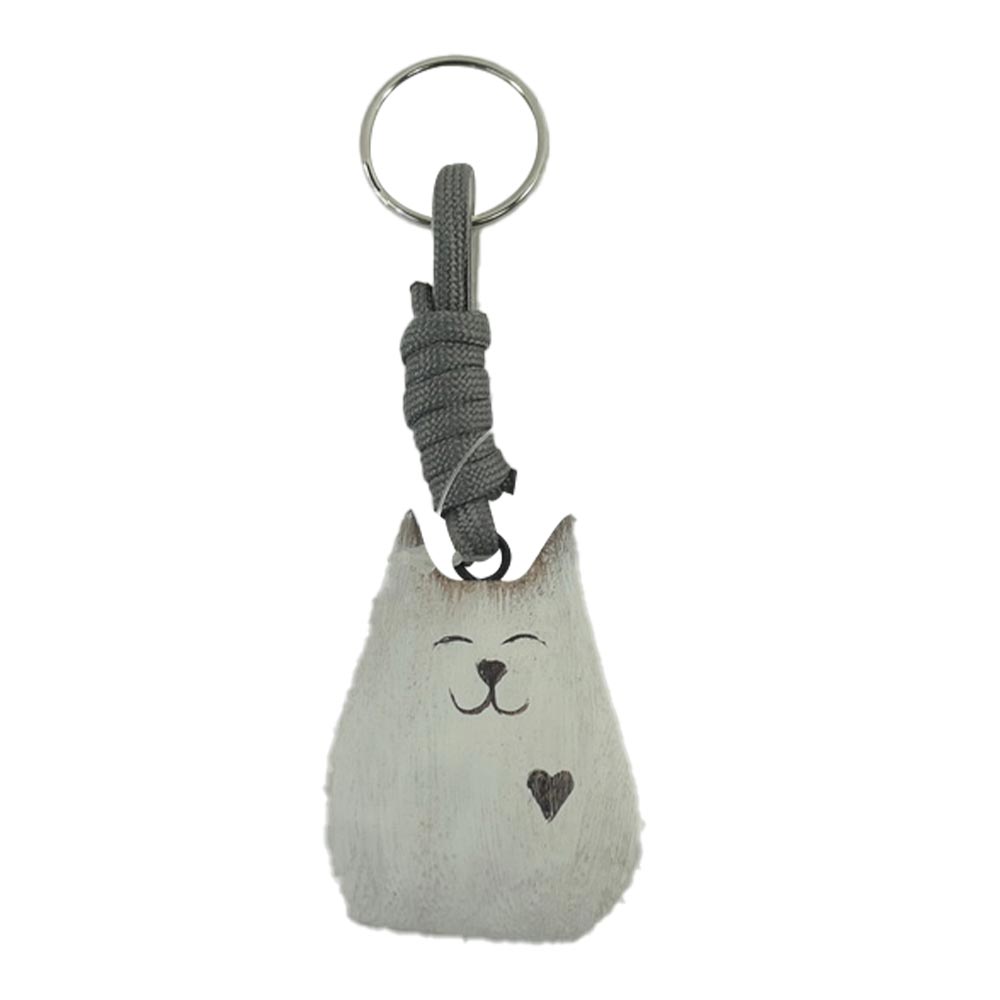 Llavero de gato blanco de madera